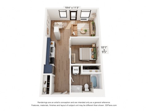 a stylized floor plan with a bedroom and a living room